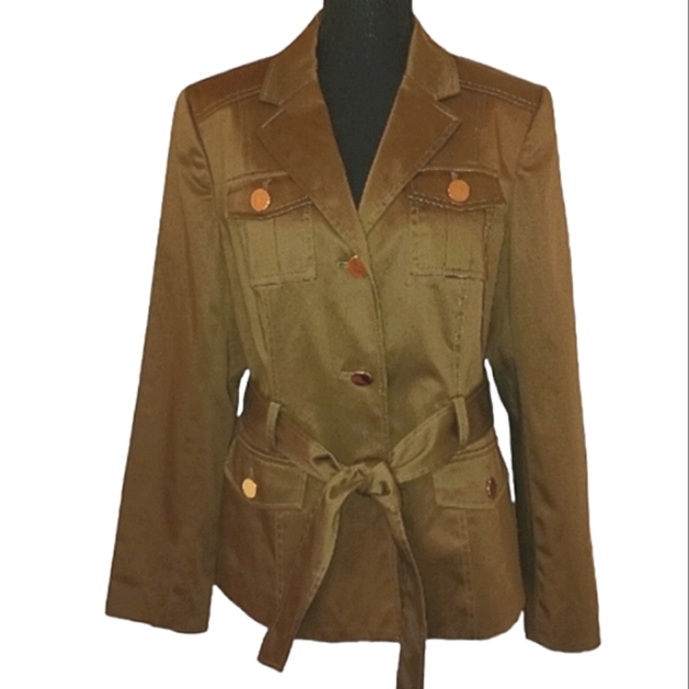 Anne Klein Belted Stretch Military Style Olive Green Utility Blazer Jacket Sz 10